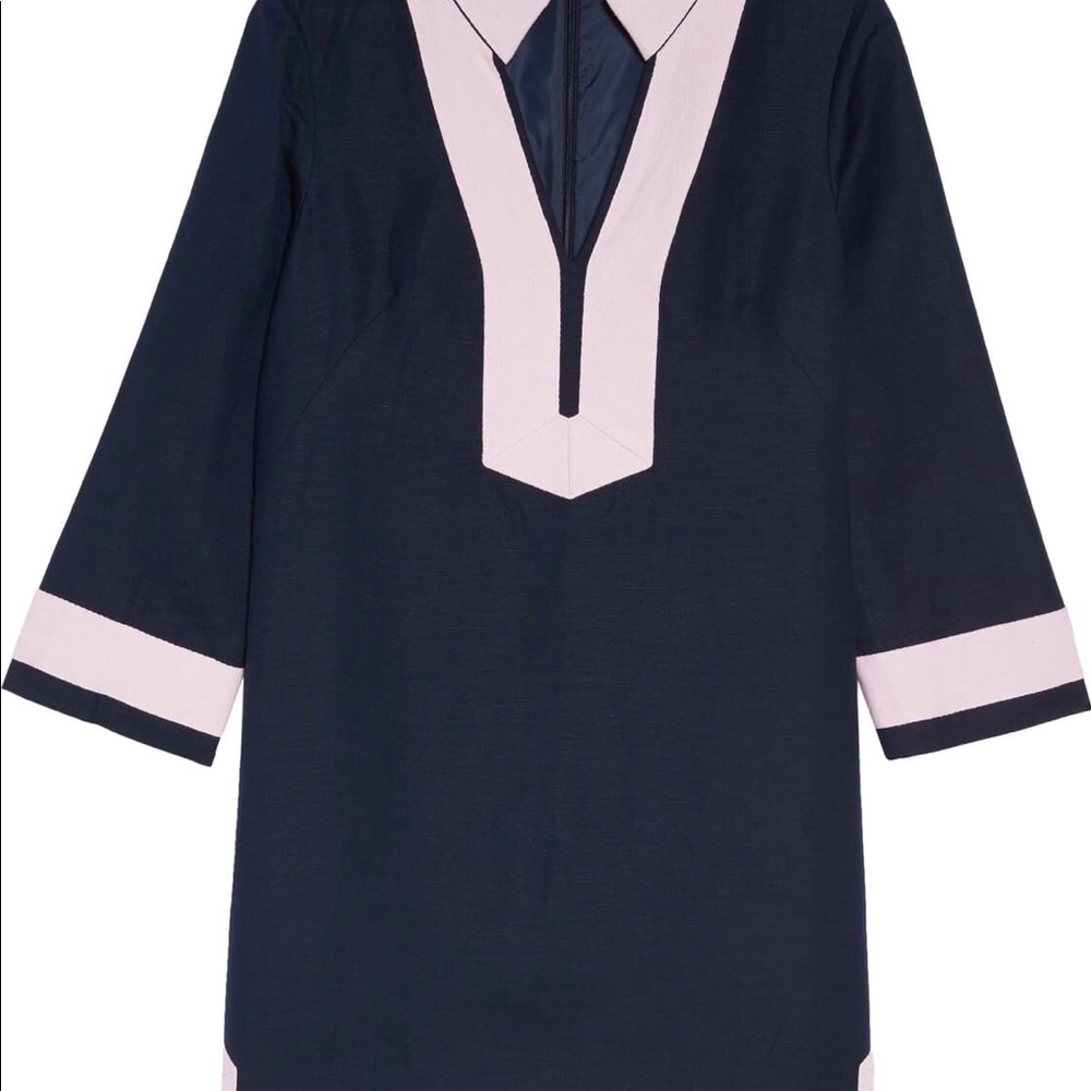 Eliza J Navy Shift Dress Pink Trim Mandarin Collar